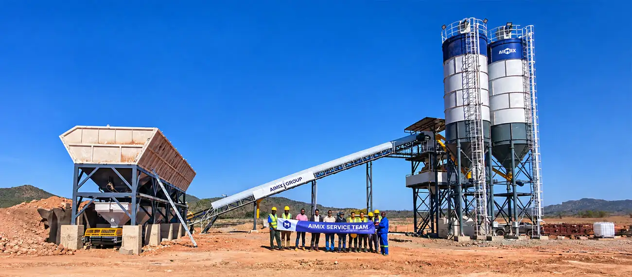 aimix-AJ90-concrete-batching-plant-on-site-service